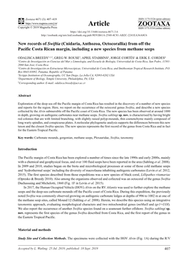 New Records of Swiftia (Cnidaria, Anthozoa, Octocorallia) from Off the Pacific Costa Rican Margin, Including a New Species from Methane Seeps