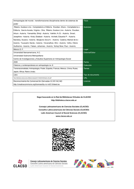 Antropologías Del Mundo : Transformaciones Disciplinarias Dentro De Sistemas De Poder Titulo Ribeiro, Gustavo Lins