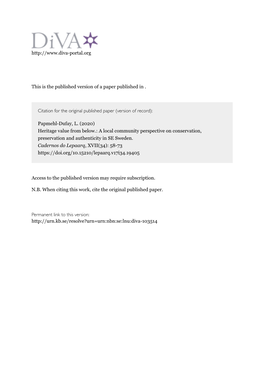 Heritage Value from Below. a Local Community Perspective on Conservation, Preservation and Authenticity in Se Sweden Artigo Valor Patrimonial Visto De Baixo