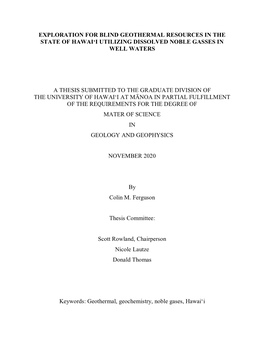 Exploration for Blind Geothermal Resources in the State of Hawaiʻi Utilizing Dissolved Noble Gasses in Well Waters a Thesis