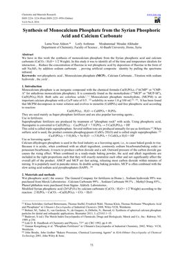 Synthesis of Monocalcium Phosphate from the Syrian Phosphoric Acid and Calcium Carbonate