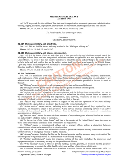 MICHIGAN MILITARY ACT Act 150 of 1967 an ACT to Provide for The