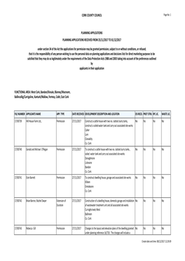 CORK COUNTY COUNCIL PLANNING APPLICATIONS PLANNING APPLICATIONS RECEIVED from 25/11/2017 to 01/12/2017 Under Section 34 of the A