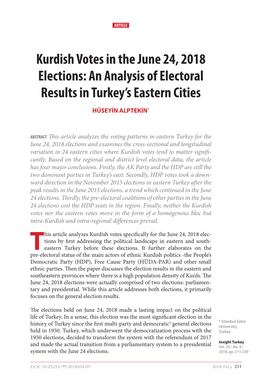 Kurdish Votes in the June 24, 2018 Elections: an Analysis of Electoral Results in Turkey’S Eastern Cities