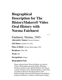 Biographical Description for the Historymakers® Video Oral History with Norma Fairhurst