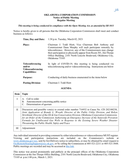 OKLAHOMA CORPORATION COMMISSION Notice of Public Meeting Regular Meeting