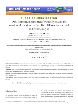 Development, Income Transfer Strategies, and the Nutritional Transition in Brazilian Children from a Rural and Remote Region