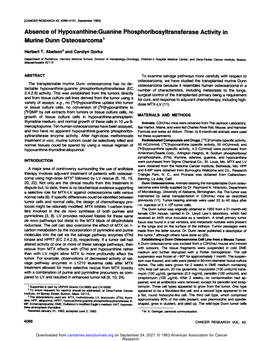 Absence of Hypoxanthine:Guanine Phosphoribosyltransferase Activity in Murine Dunn Osteosarcoma1