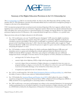 Summary of the Higher Education Provisions in the U.S. Citizenship Act