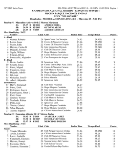 CAMPEONATO NACIONAL ABIERTO - 03/09/2014 to 06/09/2014 PISCINA PARQUE NACIONES UNIDAS COPA "NELSON GIL" Resultados - PRIMERA JORNADA FINALES - Miercoles 03 - 5:00 PM