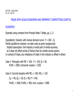 Trade with Scale Economies and Imperfect Competition (Cont'd)