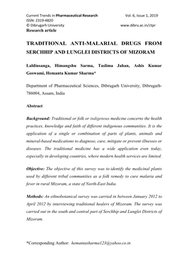 Traditional Anti-Malarial Drugs from Serchhip and Lunglei Districts of Mizoram