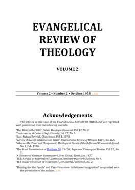 EVANGELICAL REVIEW of THEOLOGY Are Reprinted with Permission from the Following Journals: ‘The Bible in the WCC’, Calvin Theological Journal, Vol