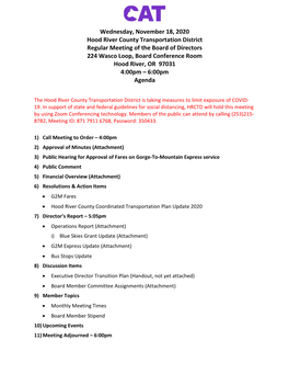 Wednesday, November 18, 2020 Hood River County Transportation District Regular Meeting of the Board of Directors 224 Wasco Loop