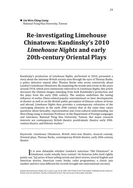 Re-Investigating Limehouse Chinatown: Kandinsky’S 2010 Limehouse Nights and Early 20Th-Century Oriental Plays