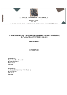 Scoping Report and Emp for Rosh Pinah Zinc Corporation's (Rpzc) Exploration Activities on Epl 2616