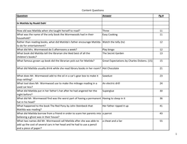 Question Answer Pg # in Matilda by Roald Dahl How Old Was Matilda When She Taught Herself to Read? Three 11 What Was the Name Of