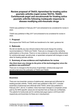 Review Proposal of TA433; Apremilast for Treating Active Psoriatic Arthritis (Rapid Review TA372), TA445; Certolizumab Pegol