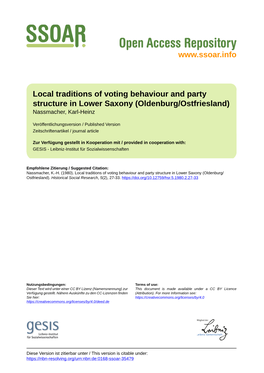 Local Traditions of Voting Behaviour and Party Structure in Lower Saxony (Oldenburg/Ostfriesland) Nassmacher, Karl-Heinz