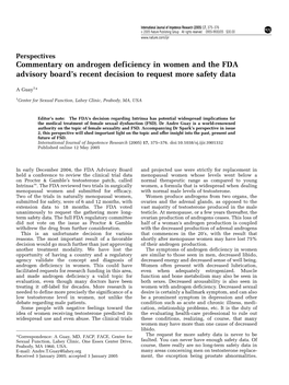 Commentary on Androgen Deficiency in Women and the FDA Advisory Board’S Recent Decision to Request More Safety Data