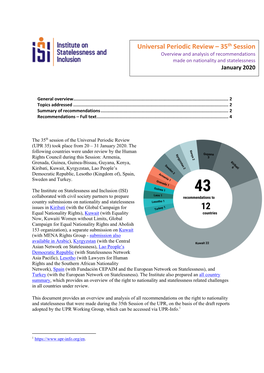 Universal Periodic Review – 35Th Session Overview and Analysis of Recommendations Made on Nationality and Statelessness January 2020