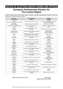 European Parliamentary Election for the London Region