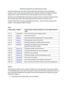 Read the Gospel of Luke with Grace in 2021 Grace Kicks Off the New Year with a Church-Wide Study of the Book of Luke, Reading Two Chapters a Week