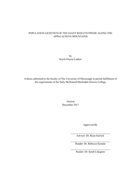 Population Genetics of the Giant Red Centipede Along the Appalachian Mountains.Pdf