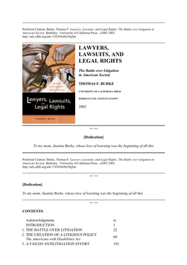 Lawyers, Lawsuits, and Legal Rights: the Battle Over Litigation in American Society