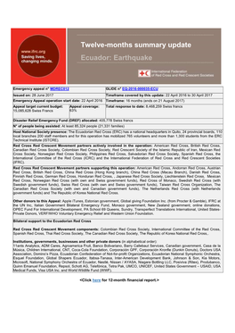 Twelve-Months Summary Update Ecuador: Earthquake