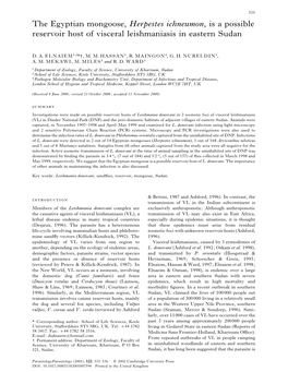 The Egyptian Mongoose, Herpestes Ichneumon, Is a Possible Reservoir Host of Visceral Leishmaniasis in Eastern Sudan