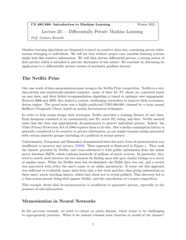 Lecture 23 — Differentially Private Machine Learning the Netflix Prize