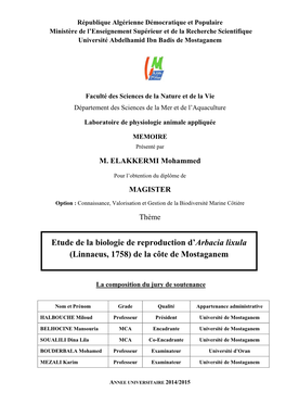 Etude De La Biologie De Reproduction D'arbacia Lixula (Linnaeus, 1758) De La Côte De Mostaganem