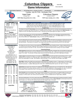 Columbus Clippers Game #65 Game Information Home Game #30