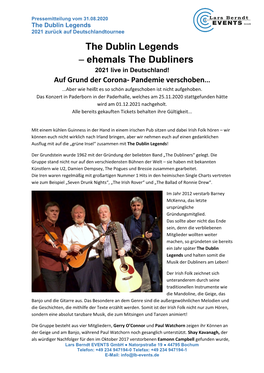 The Dublin Legends – Ehemals the Dubliners 2021 Live in Deutschland! Auf Grund Der Corona- Pandemie Verschoben