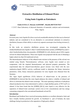 Extractive Distillation of Ethanol-Water Using Ionic Liquids