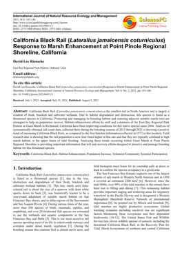 California Black Rail (Laterallus Jamaicensis Coturniculus ) Response to Marsh Enhancement at Point Pinole Regional Shoreline, California