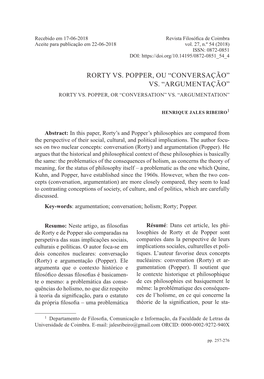 Rorty Vs. Popper, Ou “Conversação” Vs