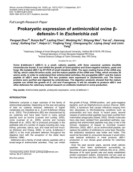 Prokaryotic Expression of Antimicrobial Ovine Β- Defensin-1 in Escherichia Coli