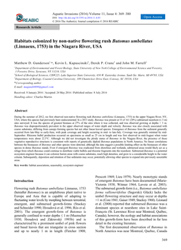 Habitats Colonized by Non-Native Flowering Rush Butomus Umbellatus (Linnaeus, 1753) in the Niagara River, USA