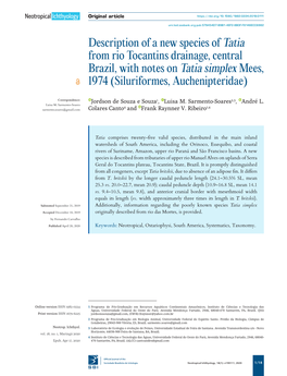 Description of a New Species of Tatia from Rio Tocantins Drainage, Central Brazil, with Notes on Tatia Simplex Mees, 1974 (Siluriformes, Auchenipteridae)