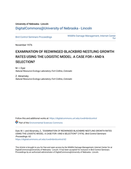 EXAMINATION of REDWINGED BLACKBIRD NESTLING GROWTH RATES USING the LOGISTIC MODEL: a CASE for R and K SELECTION?