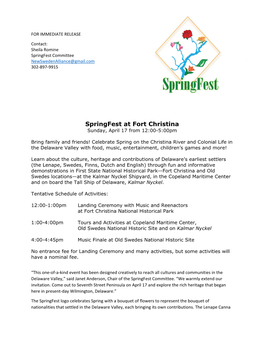 Springfest at Fort Christina Sunday, April 17 from 12:00-5:00Pm