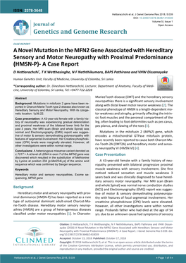 A Novel Mutation in the MFN2 Gene Associated with Hereditary Sensory