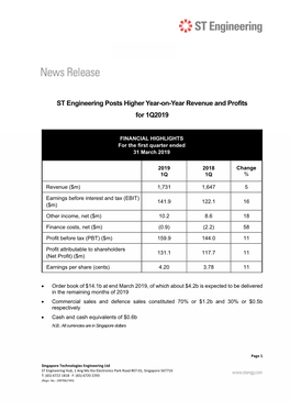 ST Engineering Posts Higher Year-On-Year Revenue and Profits for 1Q2019