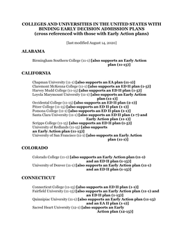 COLLEGES and UNIVERSITIES in the UNITED STATES with BINDING EARLY DECISION ADMISSION PLANS (Cross Referenced with Those with Early Action Plans)