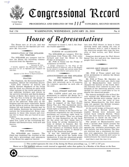 Congressional Record United States Th of America PROCEEDINGS and DEBATES of the 111 CONGRESS, SECOND SESSION