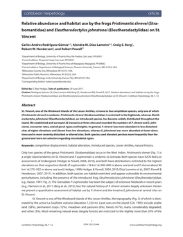 Relative Abundance and Habitat Use by the Frogs Pristimantis Shrevei (Stra- Bomantidae) and Eleutherodactylus Johnstonei (Eleutherodactylidae) on St