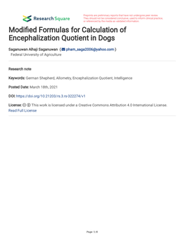 Modi Ed Formulas for Calculation of Encephalization Quotient in Dogs