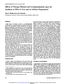 Effects of Nitrogen Mustard and Cyclophosphamide Upon the Synthesis of DNA in Vivo and in Cellâ€”Freepreparations'